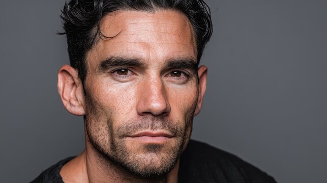Head-and-shoulders photograph of a man with an expressionless face in a minimalist studio
