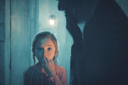 Illustration of a frightened young girl in a dim doorway with a shadowy figure nearby, conveying danger and safeguarding awareness