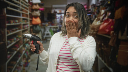 Fototapeta premium Hispanic woman holding cordless screwdriver, hand covering mouth in crowded shop aisle inside building; surprise discovery.