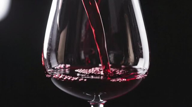Red wine pouring into a glass over a dark background captures the rich color and flow of the wine