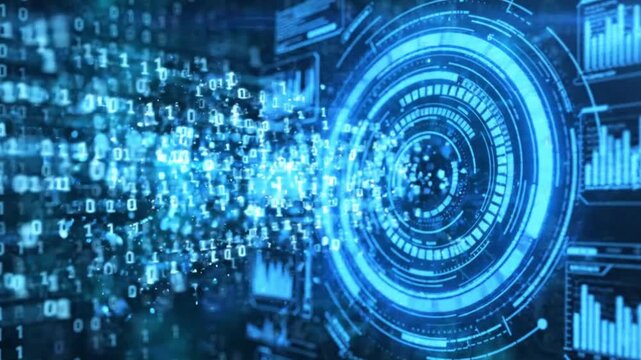 Abstract digital technology background with glowing blue circular interface and binary code data streams