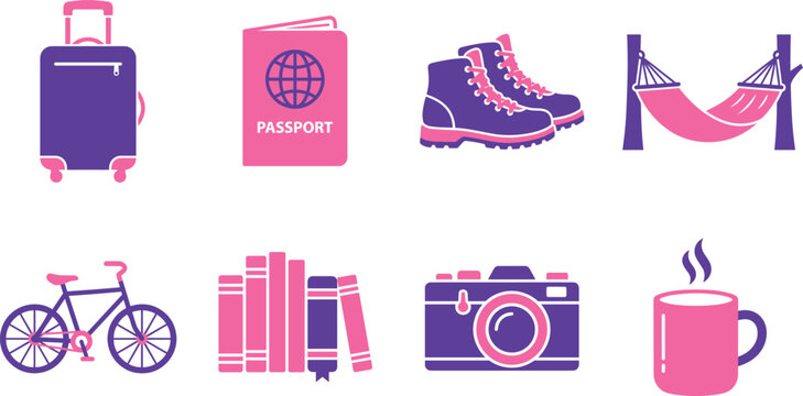 Collection of travel and leisure icons including suitcase passport hiking boots hammock bicycle books camera and coffee cup vector illustration