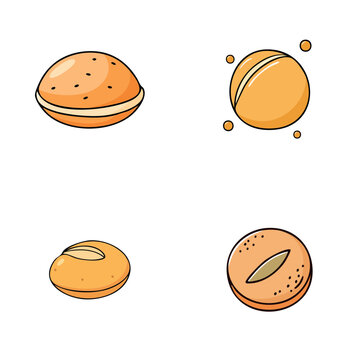Set of four cartoon style bread rolls and buns with different toppings and fillings