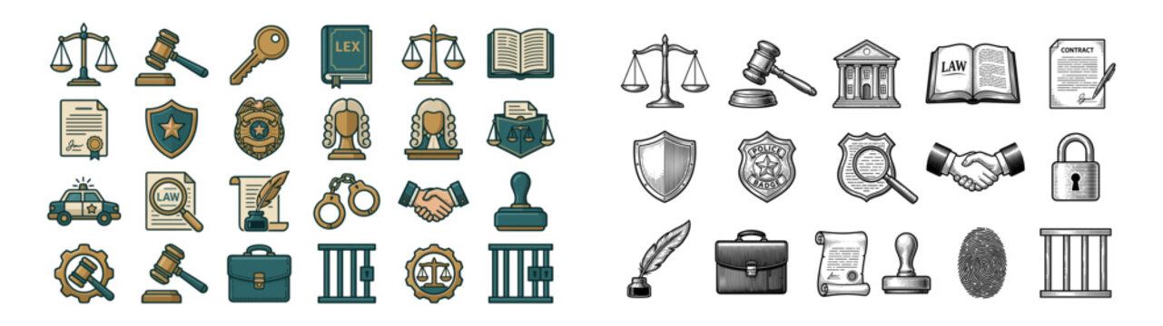 Law, justice, and legal system icon set