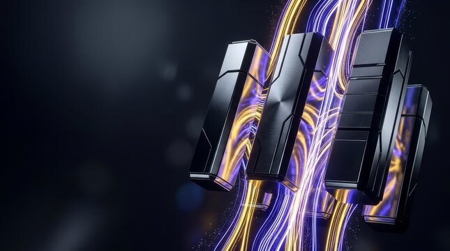 3D rendering of futuristic server blocks with glowing neon light trails