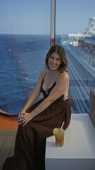 Obraz premium Woman smiling and sitting showing cleavage on cruise ship terrace with ocean view and drink nearby; relaxed serenity.