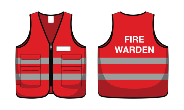 Fire Warden Reflective Safety Vest Collection in Flat Style, Red Fluorescent Security Uniform with Reflective Bands, Front and Rear Design