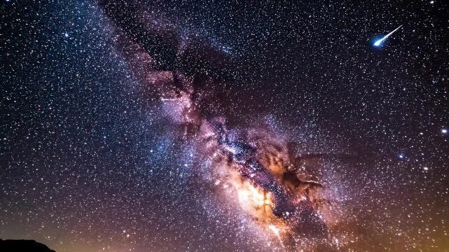 Stunning Milky Way galaxy and shooting star over silhouetted mountains at night
