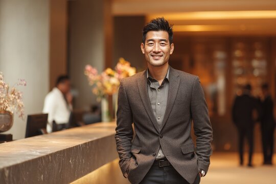 Professional hospitality owner posing by the front desk in a warmly lit, contemporary hotel lobby