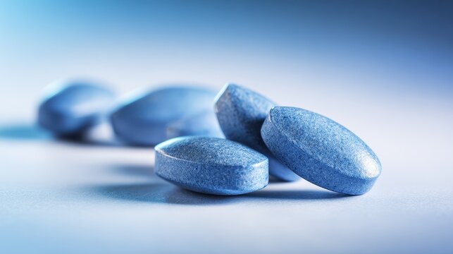 Macro photograph of blue ellipsoid pills against a clean gradient backdrop