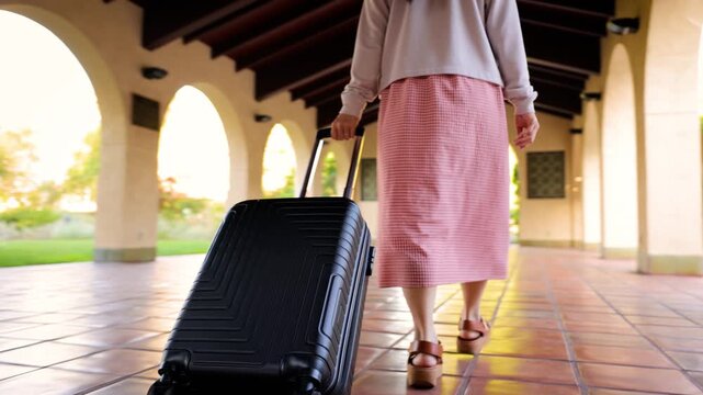 Asian woman walking through a train station with her suitcase.