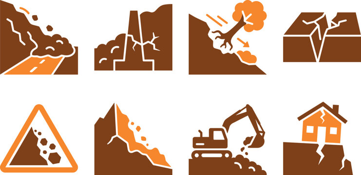 Set of icons depicting natural disasters and geological hazards like landslides and earthquakes vector illustration