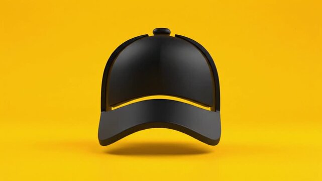 Black baseball cap icon animation on bright yellow background showcasing design and movement for graphic projects