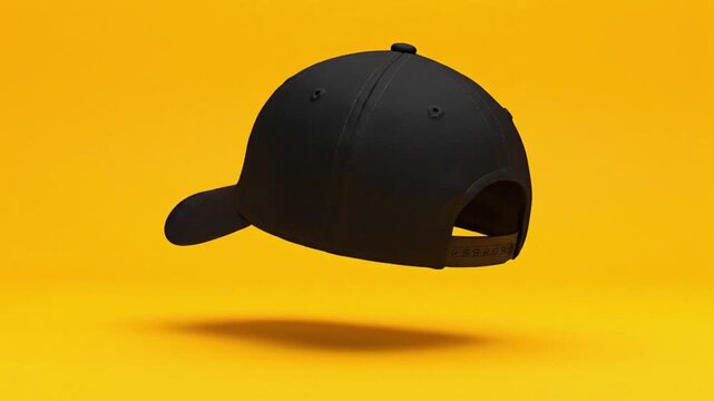 Black baseball cap icon animation on bright yellow background at studio setting in 2023