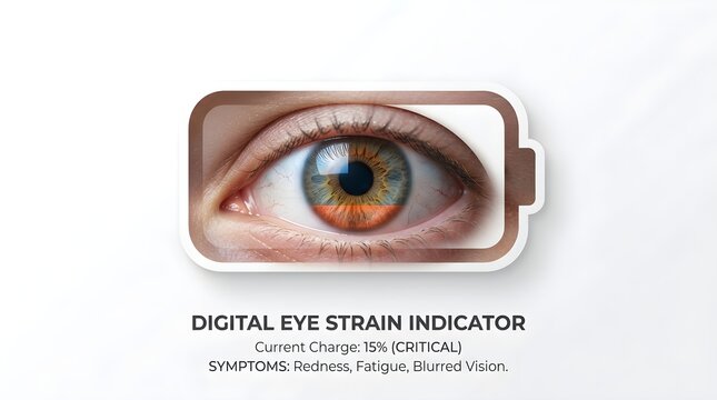 Creative 3D illustration of a tired bloodshot human eye framed by a critical low battery charge icon, symbolizing digital fatigue and screen time strain.