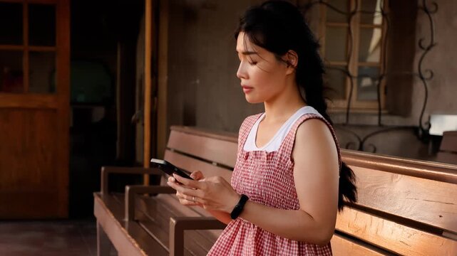 Asian woman with her suitcase, waiting at a train station while using her smart phone.