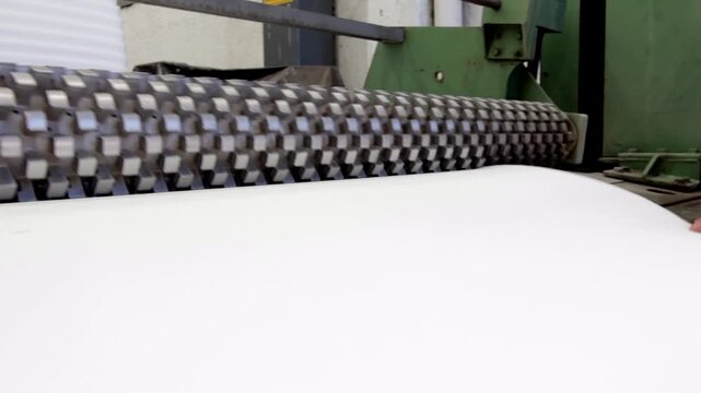 Foam Sheet Embossing Machine Creating Quilted Pattern for Mattresses. Industrial Roller Creating Patterned Foam. Textured Foam Production for Bedding Industry