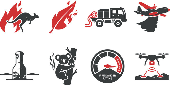 Australian Bushfire Icons Kangaroo Koala Fire Truck Plane Drone Danger Rating vector illustration