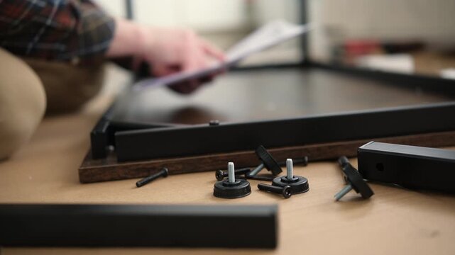 Man works on furniture assembly with parts and instructions spread out on the ground