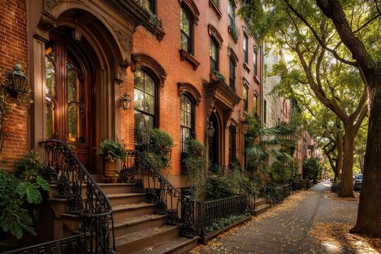 Classic brick brownstone row house with ornate facade on tree-lined urban street