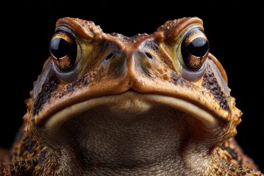 Front-facing cane toad against a deep dark backdrop, high-detail studio shot