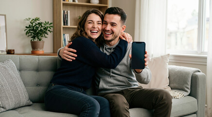 Fototapeta premium Happy young couple hugging and celebrating on a sofa. Smiling man holding a smartphone with a blank screen for mockup. Online betting win concept