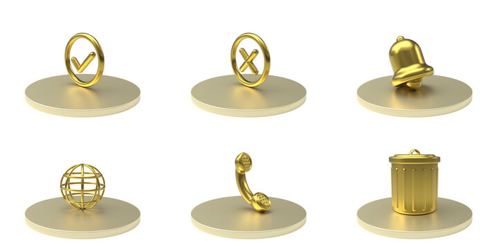 3D golden web icon set on circular pedestals. Approved, decline, bell, globe, phone and trash can. Gold premium metallic UI elements for business and e-commerce. Luxury icons, 3d render, isolated. 
