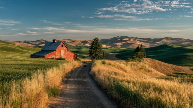 Rural Palouse Landscape: Layered Hills, Blue Sky, and a Classic Red Barn