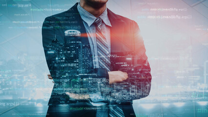 A professional businessman stands confidently with arms crossed, set against an urban backdrop blended with digital code elements, symbolizing modern innovation and corporate achievement. Xenic © InfiniteFlow