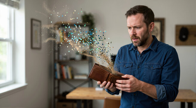 Distressed man holding an open wallet with sand and colorful pixels flying out. Conceptual image of losing money and financial drain. Wealth vanishing and economic crisis concept
