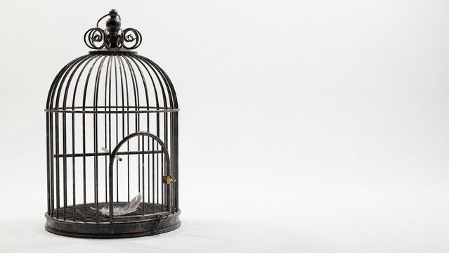 Vintage Birdcage Open Door Broken Feather Isolated - Juneteenth Freedom Symbol - Emancipation Cage Metaphor