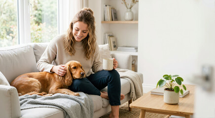 Obraz na płótnie Canvas Smiling woman petting her dog while relaxing on the sofa. Happy female owner holding a mug in a cozy living room