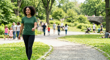 Obraz premium Smiling mixed race woman walking in a green park. Happy young female in activewear enjoying an outdoor stroll on a sunny day