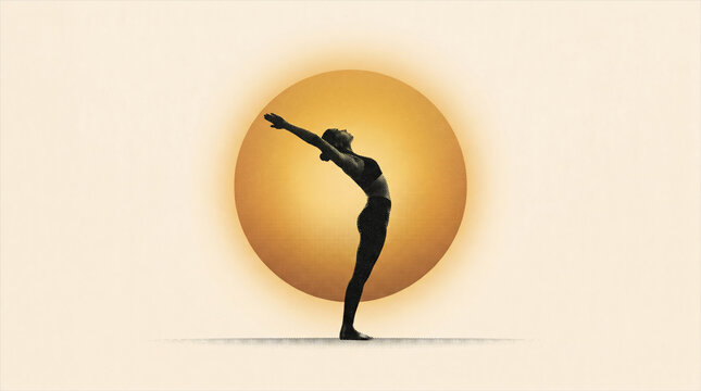 Black Halftone Yoga Silhouette Backbend Pose Against Golden Sun Circle