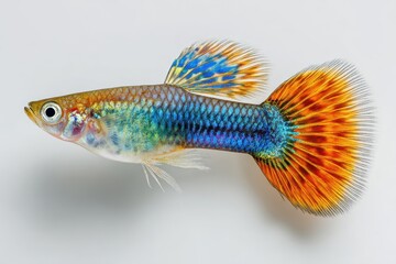 Fototapeta premium Macro shot of a tropical guppy with orange, blue and green hues on white background