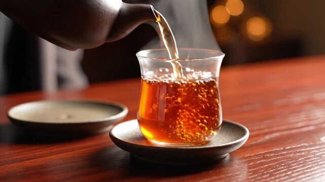 Pouring black tea from a teapot into a glass cup on a wooden table