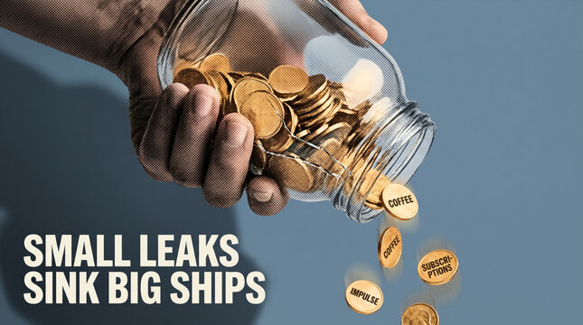 Hand Tilting Jar Spilling Gold Coins Labeled Coffee Subscriptions and Impulse Spending
