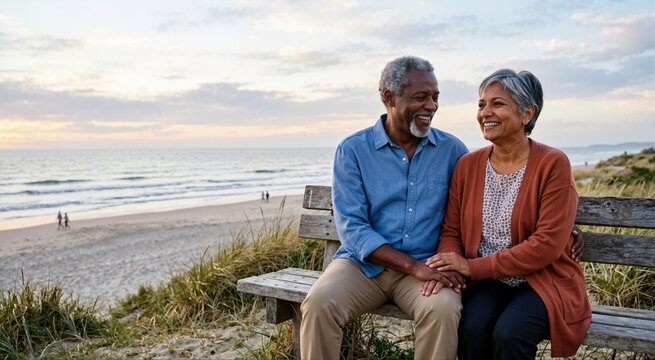 Happy elderly diverse couple holding hands on a beach bench. Smiling senior man and woman enjoying a romantic sunset by the ocean. Retirement travel and vacation concept
