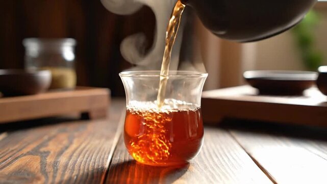 Natural black tea pouring from teapot into glass cup on wooden table in a cozy room with warm lighting