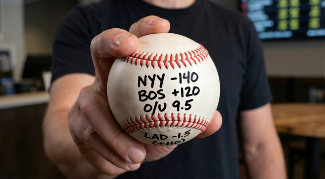 Close up of a hand holding a baseball with handwritten betting odds. Sportsbook and baseball gambling concept with marker text on leather ball