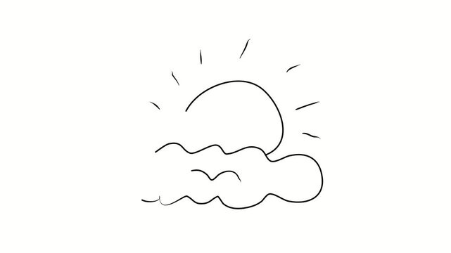 The sun behind the cloud. Contour drawing, silhouett animation. Continuous line. Isolated on white. Video 4k object illustration self-drawing. Object construction. Minimalist continuous line drawing s