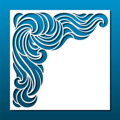 Fototapeta premium Laser cut wavy pattern for wall panel or card background. CNC cutting stencil. Swirly abstract wave corner design. Oriental decorative element. Vector illustration