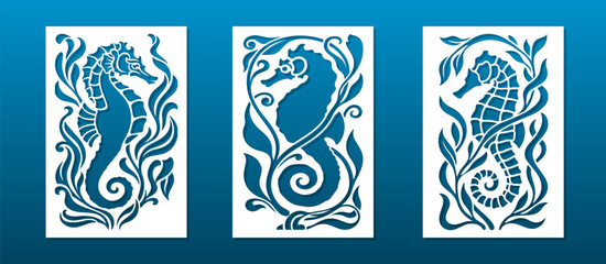 Nautical panels laser cut stencil for CNC. Sea horse, weeds and plants. Papercut, diy craft, wall art home decor, room divider and partitions. Vector illustration © Amarylle