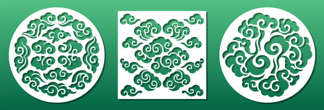 Laser cut panels ornate with traditional Chinese clouds pattern. Wall art, mandala, privacy screen, coaster. CNC cutting stencil template. Vector isolated illustration