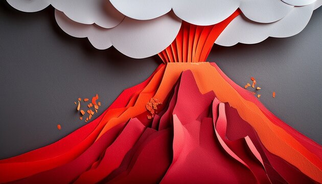 volcano eruption lava ash cloud smoke paper craft layered paper red scene dramatic molten flow and textured gray background