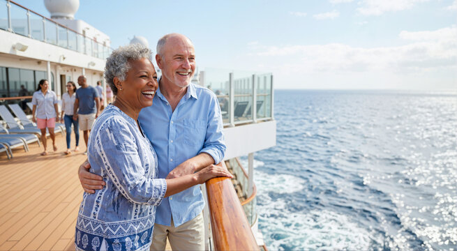 Happy elderly diverse couple enjoying a cruise ship vacation. Smiling senior mixed race man and woman looking at the ocean from the deck. Luxury retirement travel concept