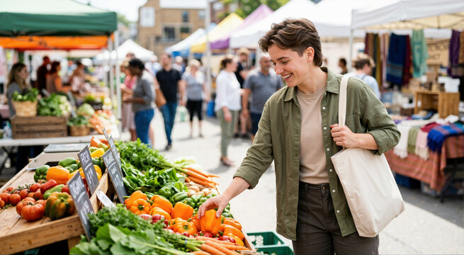 Smiling person shopping for fresh vegetables at an outdoor farmers market. Happy customer with a canvas tote bag buying organic produce