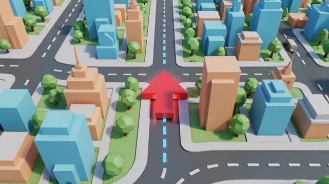 GPS map view showing low poly city layout and red arrow navigating via VSRExport features