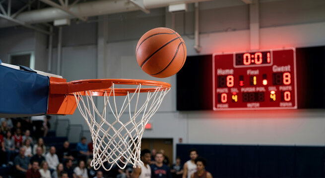 Basketball in mid air above the hoop with a tied scoreboard in the background. Final seconds of a tense indoor game. High stakes sports betting concept