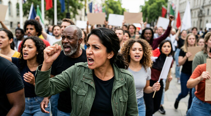 Fototapeta premium Angry woman shouting and raising fist at a protest march. Diverse crowd of activists demonstrating with blank signs on a city street